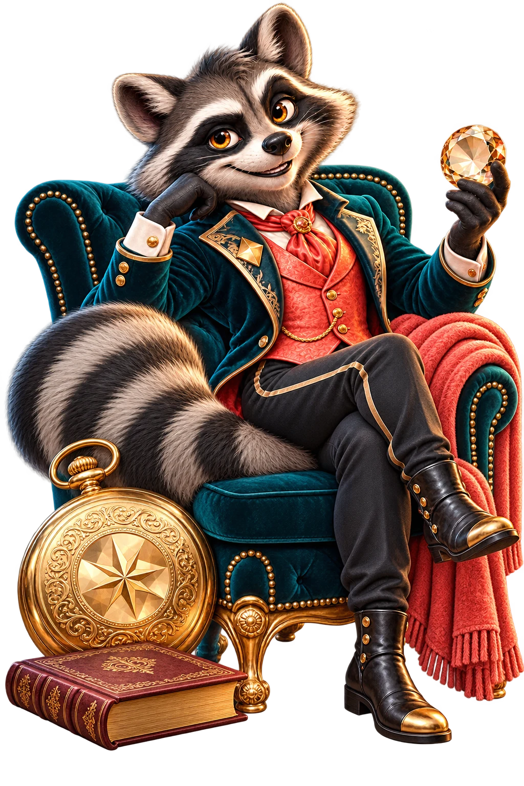 Riff takes a calm pause in a velvet chair beside a pocket watch