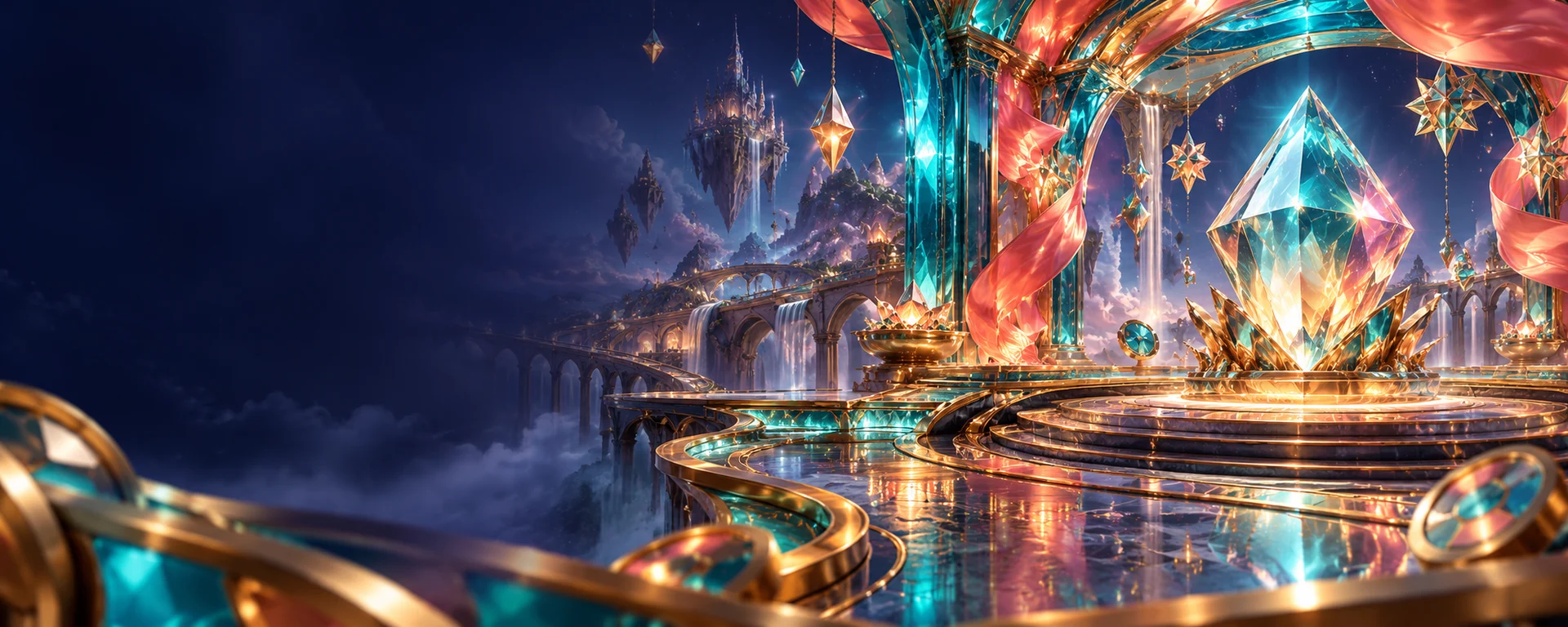 A dimensional teal, coral and gold jewel theatre opens above a polished crystal stage